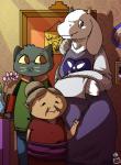 anthro clothing detailed_background female fur group hair mature_anthro mature_female smile trio lonelycharart night_in_the_woods nintendo the_legend_of_zelda undertale undertale_(series) candy_borowski toriel boss_monster_(undertale) bovid caprine domestic_cat felid feline felis humanoid mammal 2018 cel_shading character_request digital_media_(artwork) hatching_(art) shaded