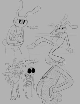 anthro bodily_fluids clothed clothing clutching_stomach dialogue erection female fully_clothed genitals group male mask penis pregnant pregnant_male shadow_face solo stretching sweat trio unusual_anatomy unusual_genitalia unusual_penis chimeracocks glitch_productions the_amazing_digital_circus gangle_(tadc) jax_(tadc) zooble_(tadc) animate_inanimate lagomorph leporid living_mask living_toy mammal rabbit absurd_res hi_res sketch_page