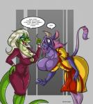 anthro big_breasts breasts cleavage clothed clothing duo female fully_clothed fur green_body non-mammal_breasts purple_body purple_fur suit text waiter dutch_(artist) felicia_philippa_roberts trizha_mae_kit_mendoza anole bovid bovine hybrid iguana iguanid lizard mammal marine_iguana reptile scalie tamaraw true_buffalo water_buffalo english_text hi_res