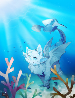 4_ears 4_fingers 4_toes blue_body blue_fur cheek_tuft chest_tuft coral_reef detailed_background facial_tuft feet feral fingers fur light light_beam male multi_ear pawpads paws sea solo sunbeam sunlight swimming toes tuft water white_body white_eyes white_fur wings hekinooo mythology hoshi_(straviios) anthozoan aquatic cnidarian coral dragon fish furred_dragon furred_scalie mythological_creature mythological_scalie ray_(fish) scalie stingray 2024 absurd_res hi_res