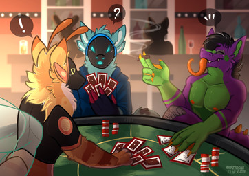 anthro blue_body blue_fur card casino detailed_background female fur group machine male playing_card poker_chip protogen_face protogen_visor purple_body tongue trio yellow_body yellow_fur kryzyasha mythology pixel_(protogen) dragon mythological_creature mythological_scalie protogen scalie absurd_res hi_res