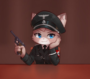 anthro black_clothing black_stripes blue_eyes clothing female fur grey_body grey_fur gun looking_at_viewer luger nazi_insignia nazi_uniform ranged_weapon solo stripes swastika weapon e254e whiskers_(lishka) felid feline mammal absurd_res hi_res