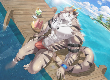 anthro armband blue_eyes blue_wristband brown_body brown_fur bulge cheek_tuft chest_tuft claws clothing cloud container cup day detailed_background ears_back facial_tuft fangs finger_claws food fruit fur kemono long_tail looking_at_viewer male melon muscular muscular_anthro muscular_male outside palm_tree partially_submerged pier pivoted_ears plant plate shadow sitting sky smile solo speedo stripes swimwear tail teeth toe_claws tree tropical tuft water watermelon watermelon_slice white_claws wristband noraneko noranekocat felid feline mammal shaded