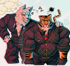 abs annoyed anthro arm_around_back black_body black_clothing black_eyes black_fur black_topwear black_vest clothing duo ears_up flirting fur gloves hand_in_pocket hand_on_shoulder handwear inner_ear_fluff male musclegut muscular necktie orange_body orange_fur pockets red_body red_fur red_necktie scar striped_body striped_fur stripes tail text topwear tuft v-neck vest whiskers white_body white_fur yellow_sclera its_coldpizza epic_games fortnite fletcher_kane oscar_(fortnite) canid canine canis felid mammal pantherine tiger wolf hi_res