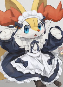 accessory ambiguous_gender anthro apron barefoot black_clothing black_dress blue_eyes blush blush_lines bodily_fluids bow_ribbon clothed clothed_anthro clothing crossdressing dress empty_eyes feet fully_clothed fully_clothed_anthro glistening hair_accessory hair_bow hair_ribbon maid_headdress maid_uniform necktie paws ribbons sweat sweatdrop uniform makotoo nintendo pokemon desire_(icma) lir_(icma) braixen generation_5_pokemon generation_6_pokemon pokemon_(species) zoroark 2024 hi_res male_(lore)