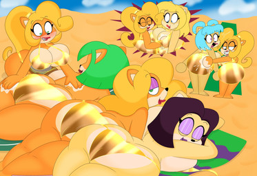5_fingers accessory anthro applying_sunscreen beach beach_towel big_breasts big_butt bikini bikini_bottom bikini_thong bikini_top bite biting_lip blonde_hair blue_eyes blue_hair blush breasts bubble_butt butt clothing cloud cloudy_sky curvy_figure detailed_background dialogue eyelashes eyes_closed eyeshadow female fingers fur gold_bikini gold_bikini_bottom gold_bikini_top gold_hair_tie green_eyes green_hair group hair hair_accessory hair_over_eye hair_tie hand_on_another's_back hand_on_another's_breast hand_on_another's_butt hand_on_another's_thigh hand_on_back hand_on_breast hand_on_butt hand_on_leg hand_on_thigh heart_eyes heart_symbol huge_breasts huge_butt huge_hips huge_thighs lipstick long_hair makeup markings mole_(marking) motion_lines multicolored_body multicolored_fur open_mouth open_smile orange_body orange_fur outside pink_eyeshadow ponytail purple_eyes purple_eyeshadow purple_hair purple_lipstick red_lipstick sand sky smile sunscreen swimwear tan_body tan_fur thick_thighs tongue towel two-piece_swimsuit two_tone_body two_tone_fur voluptuous voluptuous_anthro voluptuous_female wide_hipped_anthro wide_hipped_female wide_hips 3barts activision crash_bandicoot_(series) crash_team_racing_(series) crash_team_racing_nitro-fueled ami_bandicoot coco_bandicoot isabella_bandicoot liz_bandicoot megumi_bandicoot nitro_squad tawna_bandicoot bandicoot mammal marsupial 2026 absurd_res comic digital_drawing_(artwork) digital_media_(artwork) hi_res