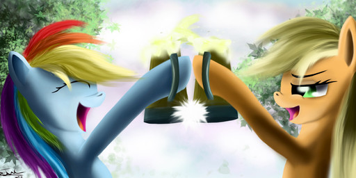 blonde_hair blue_body blue_fur cider container cup duo eyes_closed female feral fur green_eyes hair holding_container holding_cup holding_object multicolored_hair open_mouth plant rainbow_hair simple_background sun tree wood ajvl friendship_is_magic hasbro my_little_pony applejack_(mlp) rainbow_dash_(mlp) earth_pony equid equine horse mammal pony
