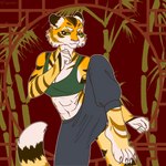 anthro barefoot brown_body brown_fur claws clothing feet female fighting_pose fur green_eyes looking_aside orange_body pose simple_background solo toe_claws tsarinart felid mammal pantherine tiger 1:1 hi_res