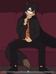 anthro black_hair black_nose brown_tail_tip cape chair clothed clothing dipstick_tail fur furniture hair male markings orange_body orange_fur sitting solo tail tail_markings fuf phantom_of_the_opera canid canine fox mammal hi_res