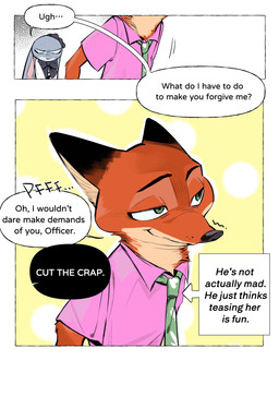 accessory anthro bodily_fluids bow_ribbon brown_body brown_fur clothed clothing dialogue duo eyes_closed female fingers fur green_eyes grey_body grey_fur long_ears male motion_lines multicolored_body multicolored_fur necktie onomatopoeia orange_body orange_fur sound_effects speech_bubble standing tan_body tan_fur text topwear butterfish8199 disney zootopia judy_hopps nick_wilde canid canine fox lagomorph leporid mammal rabbit comic english_text hi_res