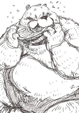 anthro belly blush bottomwear clothing eating food fruit humanoid_hands kemono male melon moobs nipples overweight overweight_male plant shorts solo watermelon watermelon_slice conoji bear mammal 2016 sketch