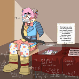 anthro asphyxiation bdsm bondage boots bound bow_tie breath_play clothing clown footwear fur gag group humiliation male musk muzzle_(object) public public_exposure restraints rope rope_bondage shoes simple_background socks submissive suit tape tape_gag text mrpawpaw bear mammal polar_bear ursine 1:1 digital_media_(artwork) english_text hi_res