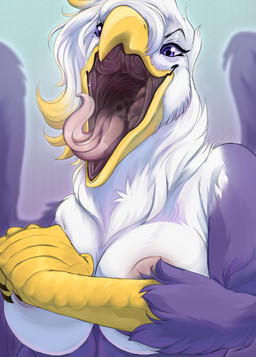 anthro beak big_breasts blonde_hair breasts chest_tuft eyelashes female front_view glistening glistening_eyes hair mouth_shot multicolored_hair neck_tuft nipples nude open_mouth pink_nipples pink_tongue purple_body purple_eyes purple_wings simple_background solo tongue tuft two_tone_hair unsigned white_body white_breasts white_hair wings yellow_beak santanahoffman avian absurd_res bust_portrait hi_res portrait