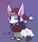 ambiguous_gender anthro black_hair chibi clothing eyes_closed floating_wings fluffy fluffy_tail footwear hair hand_in_pocket hands_in_both_pockets hat headgear headwear hoodie nightcap pockets simple_background socks solo standing tail teeth topwear unusual_anatomy unusual_wings white_body wings insomnuz bat mammal