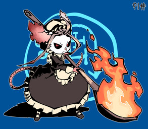 anthro black_sclera clothing cross_pupils cutlery dress_shoes female fire flat_chested frown fur grey_hair hair holding_object holding_spoon holding_weapon kitchen_utensils long_tail looking_at_viewer maid_apron maid_headdress maid_uniform mouse_ears mouse_tail mouth_closed notched_ear number pink_ears pupils simple_background snout solo spoon symbol tail thin_tail tools uniform unusual_pupils weapon white_body white_fur kaibootsu colo_(kaibootsu) demon mammal mouse murid murine rodent 2023 digital_media_(artwork) english_description hi_res