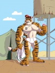 anthro black_body black_fur black_stripes blue_sky briefs captain_konstantin claws clothed clothing cloud dog_tags fur holding_object holding_soap male markings military muscular muscular_anthro muscular_male orange_body orange_fur outside pink_nose red_eyes shower shower_head sky soap solo striped_markings stripes tail tan_body tan_fur tent text tighty_whities topless towel underwear website_url white_briefs white_clothing white_towel white_underwear wooden_planks cooner felid mammal pantherine tiger 2011 3:4 english_text signature