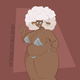 4_fingers afro anthro arms_bent big_breasts bikini black_eyelids black_eyes breasts brown_body brown_fur clothed clothed_anthro clothed_female clothing curly_hair ear_piercing ear_ring eyelashes female fingers full_cleavage fully_clothed fully_clothed_anthro fully_clothed_female fur grey_bikini grey_clothing grey_swimwear hair hand_on_hip hand_on_own_hip huge_thighs lidded_eyes light mature_anthro mature_female medium_hair mitten_hands navel overweight overweight_anthro overweight_female piercing red_background ring_piercing simple_background smile smiling_at_viewer solo standing stretch_marks swimwear tan_inner_ear text thick_thighs tongue two-piece_swimsuit white_hair white_tongue buleruby saraki_(lord._.rester) bovid caprine mammal sheep 1:1 2025 absurd_res cel_shading colored digital_drawing_(artwork) digital_media_(artwork) english_description hi_res lighting portrait shaded three-quarter_portrait url