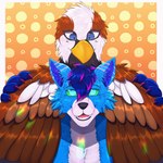 anthro beak claws duo fangs feathers male smile teeth argonchann arf_(character) rasco avian bird canid canine canis fox mammal oscine passerine sparrow wolf 1:1 absurd_res hi_res