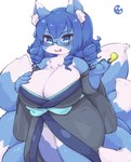 4_fingers anthro asian_clothing big_breasts biped black_nose blue_body blue_fur blue_hair blue_inner_ear blush breasts chest_tuft cleavage clothed clothing countershade_face countershade_legs countershade_torso countershading curled_hair curvy_figure dipstick_ears dipstick_tail ear_markings east_asian_clothing eyelashes eyewear female female_anthro fingers fluffy fluffy_tail front_view fur glasses glistening glistening_body glistening_fur grey_clothing hair hand_on_breast holding_object huge_breasts inner_ear_fluff japanese_clothing kemono kimono kiseru long_hair looking_at_viewer markings mature_anthro mature_female monotone_hair multi_tail multicolored_body multicolored_ears multicolored_fur multicolored_tail obi open_mouth pince-nez short_stack simple_background skimpy smoking_pipe solo standing tail tail_markings thick_thighs tuft two_tone_body two_tone_ears two_tone_fur two_tone_tail voluptuous white_background white_body white_countershading white_fur white_inner_ear_fluff wide_hips eigetsu canid canine fox mammal digital_media_(artwork) portrait three-quarter_portrait