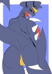 anthro anus blue_background blue_body breasts butt female genitals looking_at_viewer open_mouth pokemorph pussy sharp_teeth simple_background solo tail teeth yellow_body yellow_eyes killer._ez nintendo pokemon garchomp generation_4_pokemon pokemon_(species) absurd_res hi_res