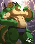 abs antennae_(anatomy) anthro arm_spikes black_clothing black_underwear claws clothed clothing electricity finger_claws flexing flexing_bicep frill_(anatomy) green_body green_scales grin horn lightning male multicolored_body multicolored_scales muscular muscular_anthro muscular_male muscular_thighs navel pecs red_body red_scales scales shoulder_spikes smile solo spikes spikes_(anatomy) tan_body tan_scales underwear underwear_only reclamon dragon_ball dragon_ball_z mythology porunga dragon mythological_creature mythological_scalie scalie 2025 4:5 hi_res signature