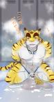 2017 absurd_res anthro balls eyebrows felid genitals hi_res locker locker_room male mammal morenatsu pantherine pecs penis rotton solo thick_eyebrows tiger torahiko_(morenatsu)