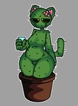 4_fingers anthro big_breasts black_sclera breasts cactus container cup featureless_breasts featureless_crotch female fingers flower flower_on_head green_body grey_background holding_container holding_cup holding_object pink_flower plant plant_pot potted_plant simple_background solo thick_thighs whiskers wide_hips yellow_eyes sketchylimesliv american_mythology mythology north_american_mythology cactus_cat domestic_cat elemental_creature fearsome_critter felid feline felis flora_fauna hybrid mammal absurd_res hi_res