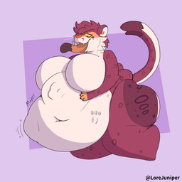 anthro belly big_belly duo female huge_belly male moobs overweight vore lorejuniper lore_(lorejuniper) spoons domestic_cat felid feline felis hybrid lynx maine_coon mammal pantherine snow_leopard 1:1 hi_res shaded trans_(lore) trans_woman_(lore)