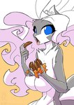 anthro big_breasts blue_eyes breasts candy candy_wrapper chocolate dessert featureless_breasts female food fur grey_body grey_fur hair huge_breasts nude open_mouth simple_background solo white_body white_fur white_hair yellow_background conditional_dnp jollyjack terry's_chocolate_orange chloe_sinclaire mammal mephitid skunk 2025