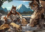 4_toes anthro blue_eyes brown_body duo fangs feet group hair male nature nature_background one_eye_closed selfie smile tail teeth toes water windwttom archer_(zephyriusjackal) miles_(miles-wolf) canid canine canis cheetah felid feline mammal wolf hi_res