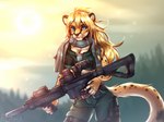 5_fingers anthro bad_trigger_discipline black_spots blonde_hair blue_eyes blurred_background breasts cleavage clothed clothing female fingers forest forest_background fur green_clothing green_uniform gun hair holding_gun holding_object holding_ranged_weapon holding_rifle holding_weapon long_hair markings medium_breasts military_uniform nature nature_background plant ranged_weapon rifle scarf scope solo spots spotted_body spotted_fur standing sun tree uniform weapon yellow_body yellow_fur lgag006k043_(artist) lena_fluffy_(character) cheetah felid feline mammal 2022 hi_res