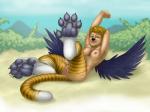 5_toes barefoot black_nose blonde_hair breasts claws feathered_wings feathers feet female hair lying nipples nude on_back outside pawpads solo toe_claws toes wings drjavi felid feline humanoid hybrid mammal 4:3 hi_res