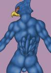 anthro backsack balls beak biceps biped blue_balls blue_body blue_eyes blue_feathers butt feathers genitals male muscular muscular_anthro muscular_male pose purple_background simple_background small_balls solo standing tail tail_feathers thevillager nintendo star_fox falco_lombardi avian bird falcon falconid colored digital_media_(artwork) shaded