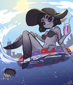 5_eyes 6_arms bangs beach beverage bikini bikini_top black_clothing black_eyes black_hair black_sclera black_swimwear blush bow_(feature) bow_ribbon breasts city city_background closed_smile clothed clothed_female clothed_humanoid clothing clothing_bow cloud container cup cute_fangs drinking_glass drinking_straw fangs female female_humanoid glass glass_container glass_cup grey_body grey_skin hair hand_on_leg hand_on_own_leg hat headgear headwear holding_glass holding_object looking_at_viewer medium_breasts midriff mouth_closed multi_arm multi_eye multi_limb navel partially_submerged pool_float pose red_bow sea short_hair side_view sitting slim slim_female slim_humanoid smile smiling_at_viewer solo sun sun_hat sunny swimwear teeth thick_thighs two-piece_swimsuit water imerald undertale undertale_(series) frisk_(undertale) muffet animal_humanoid arachnid arachnid_humanoid arthropod arthropod_humanoid humanoid mammal spider spider_humanoid absurd_res hi_res