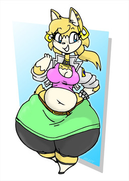 anthro belly belt biped blonde_hair blue_eyes bottom_heavy bottomwear bracelet breasts brown_belt choker cleavage clothed clothed_anthro clothed_female clothing countershade_face countershade_fur countershade_torso countershading ear_piercing ear_ring feet female female_anthro fur gloves_(marking) green_bottomwear green_clothing green_skirt hair hand_on_hip hand_on_own_hip handpaw hooves huge_hips huge_thighs jacket jewelry leg_markings markings medium_breasts midriff navel necklace open_clothing open_jacket open_topwear paws piercing pink_clothing pink_shirt pink_tank_top pink_topwear ring_piercing shirt skirt slightly_chubby slightly_chubby_anthro slightly_chubby_female small_feet socks_(marking) solo standing tank_top thick_thighs topwear unguligrade white_body white_countershading wide_hipped_anthro wide_hipped_female wide_hips yellow_body yellow_fur blayaden sam_(blayaden) catrobis felid feline mammal 2023 colored digital_drawing_(artwork) digital_media_(artwork)