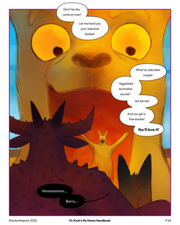 ambiguous_gender big_head bold_text border dialogue eyebrows horn orange_body orange_eyes raised_arms smile speech_bubble spikes spikes_(anatomy) text white_border sharkinthepark bovid bovine canid canine cattle fox mammal 2025 4:5 absurd_res comic english_text hi_res male_(lore)