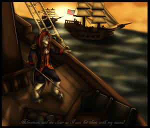 american_flag anthro black_border border cannon male melee_weapon outside ranged_weapon rapier sea ship solo sunset sword united_states_of_america vehicle water watercraft weapon drasama thomas_baddingham canid canine canis mammal wolf digital_media_(artwork)