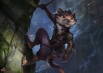 4_toes 5_fingers anthro barefoot black_nose brown_body brown_eyes brown_fur claws clothed clothing detailed_background digitigrade feet fingers fur male pawpads paws solo toes alectorfencer lutz_(myre) gulonine mammal marten mustelid musteline