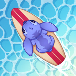 ambiguous_gender back_markings bird's-eye_view blue_body blue_eyes blue_fur blue_nose ear_markings fur head_markings head_tuft high-angle_view markings occipital_markings sea small_tail solo surfboard tail text tuft water mr.jazz disney lilo_and_stitch stitch_(lilo_and_stitch) alien experiment_(lilo_and_stitch) 1:1 2026 artist_name digital_media_(artwork) male_(lore)