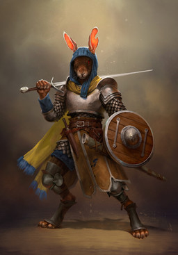 anthro armor belt brown_body brown_fur claws dagger eye_scar facial_scar fur holding_melee_weapon holding_object holding_sword holding_weapon hood male melee_weapon pauldron scale_armor scar shield simple_background solo standing sword weapon valera_lutfullina lagomorph leporid mammal rabbit 2019 digital_media_(artwork) hi_res