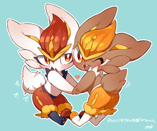 ambiguous_gender anthro big_ears blue_background blue_body blue_fur blush brown_body brown_fur buckteeth butt chibi duo fluffy fluffy_tail fur heart_symbol long_ears looking_at_viewer one_eye_closed open_mouth open_smile orange_eyes paws red_body red_eyes red_fur simple_background smile tail tail_motion tailwag teeth thick_arms thick_thighs tongue white_body white_fur wink yellow_body yellow_fur minamo_(pixiv17726065) nintendo pokemon cinderace generation_8_pokemon lagomorph leporid mammal pokemon_(species) shiny_pokemon 2023 hi_res