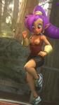 5_fingers areola blue_eyes blush bottomwear breasts clothed clothing ear_piercing ear_ring eyelashes female fingers footwear hair humanoid_pointy_ears jogging lips looking_down nipples not_furry outside piercing plant pointy_ears ponytail purple_hair ring_piercing shirt shoes shorts solo topwear tree wardrobe_malfunction owo_sfm shantae_(series) wayforward shantae genie humanoid 3d_(artwork) absurd_res digital_media_(artwork) hi_res