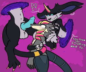 3_fingers 3_toes ambiguous_gender balls black_body black_fur black_nose black_sclera blue_eyes blue_penis blush bodily_fluids censored_dialogue claws dialogue dipstick_fingers duo feet fingers fur genital_fluids genitals grey_balls grey_body grey_fur grey_skin heart_symbol humanoid_genitalia humanoid_penis hybrid_genitalia hybrid_penis knot knotted_humanoid_penis knotted_penis male male/ambiguous non-mammal_balls open_grin penis penis_on_nose pink_blush portal precum prosthetic prosthetic_leg prosthetic_limb prosthetic_tail purple_background red_eyes simple_background sweat sweatdrop tail tail_coil tan_body tan_skin text through_portal toes trout_(artist) rayce_speedster terraritel demon imp kobold scalie english_text nonbinary_(lore)