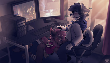 2_penises anthro anthro_on_anthro biped blue_hair blush bodily_fluids bottomless clothed clothing computer cum cum_in_hair cum_on_face detailed_background dialogue duo electronics erection fur genital_fluids genitals hair handjob headgear headphones headset inside kneeling knot male male/male multi_genitalia multi_penis open_mouth orgasm penile penis pink_hair sex sitting text topwear under_table kyubbi-arts discord_(app) final_fantasy final_fantasy_xiv square_enix aquatic canid canine canis domestic_dog fish husky hybrid hyena mammal nordic_sled_dog shark spitz 2019 absurd_res english_text hi_res