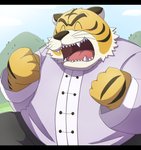 anthro black_bars clothed clothing eyes_closed kemono male outside overweight overweight_anthro overweight_male solo emufu felid mammal pantherine tiger 2016 letterbox