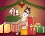 anthro biped breasts collar female genitals gift holidays horn inside leaning long_tail nipples nude pussy sitting smile solo tail furasaur christmas mythology carmine_embershard dragon felid feline hybrid lynx mammal mythological_creature mythological_scalie scalie 2019 5:4 absurd_res hi_res shaded