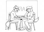 cafe duo restaurant cirruskitfox jake_(cirruskitfox) toby_(cirruskitfox) canid canine canis domestic_cat domestic_dog felid feline felis herding_dog mammal pastoral_dog black_and_white monochrome