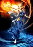 belt blonde_hair blue_eyes breasts city cleavage clothed clothing female fire hair jewelry necklace ornate solo street genzoman european_mythology greek_mythology mythology medea_(mythology)