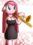 anthro anthrofied big_breasts blue_eyes brass_instrument breasts cleavage clothed clothing dress female hair holding_musical_instrument holding_object long_hair musical_instrument pink_hair solo straight_hair trombone wind_instrument tg-0 friendship_is_magic hasbro my_little_pony pinkamena_(mlp) pinkie_pie_(mlp) earth_pony equid equine horse mammal pony