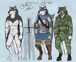 anthro armor blue_eyes boots bottomwear breasts brown_eye clothing female footwear fur genitals grey_body grey_fur heterochromia melee_weapon military_clothing military_uniform nipples nude pussy scarf shoes simple_background skirt solo sword uniform weapon white_body white_fur blokfort canid canine canis domestic_dog husky mammal nordic_sled_dog spitz 2023 model_sheet